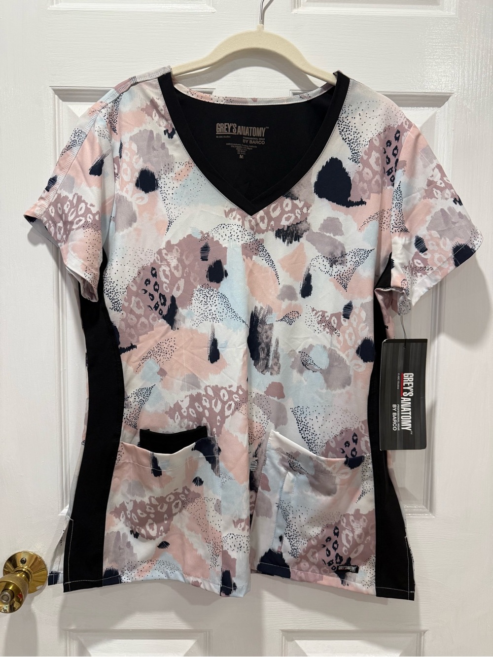 Grey's Anatomy Pink, Navy & White Abstract V-Neck Scrub Top
